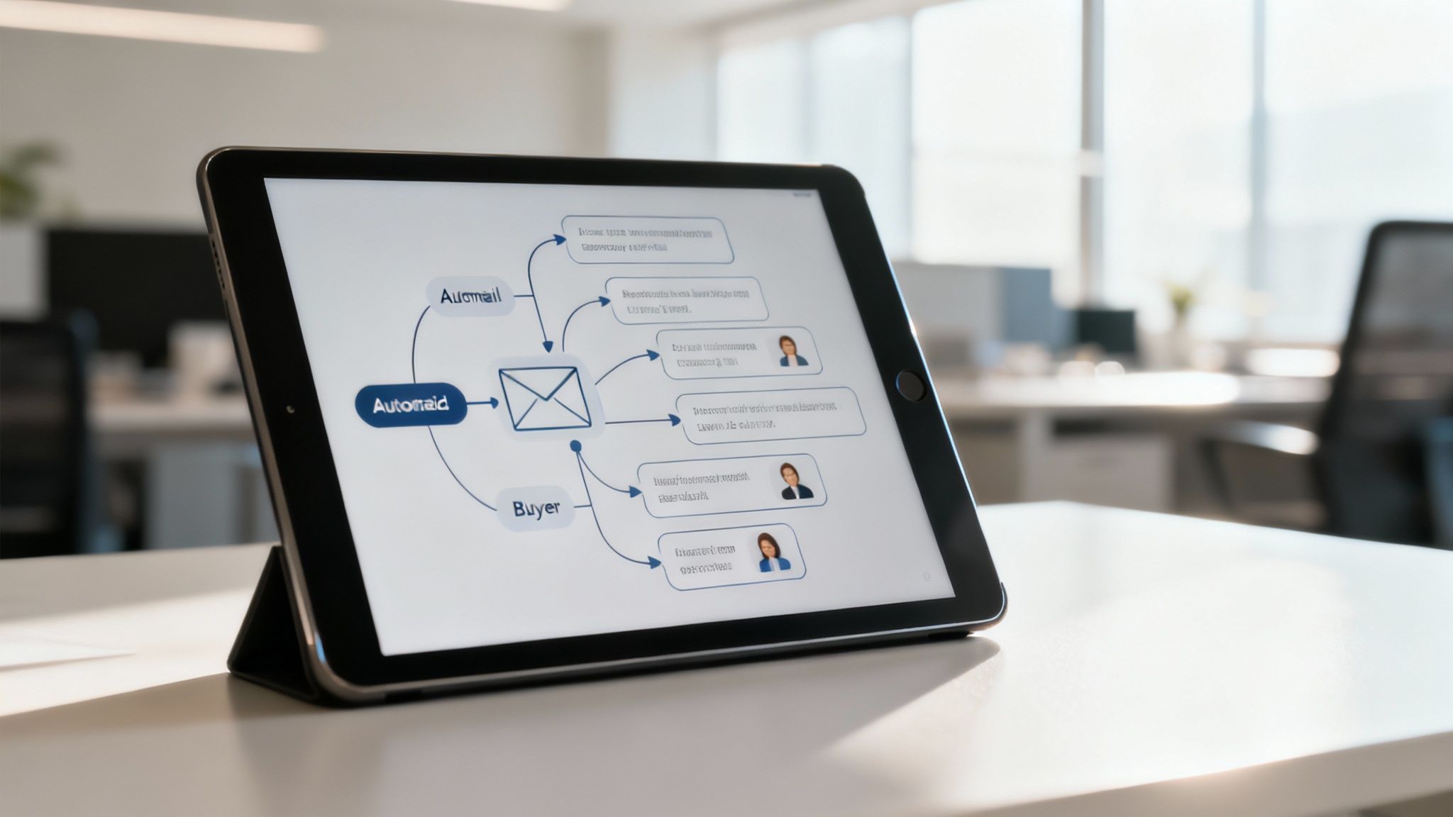 A real estate agent reviews a client nurturing workflow on a large digital screen in a modern office.