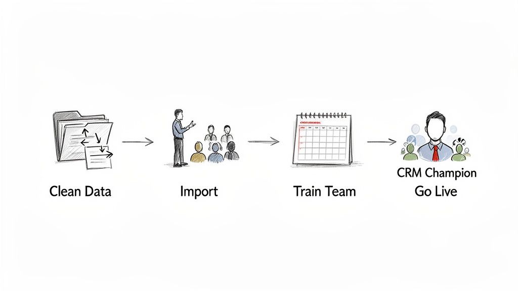 A four-step diagram illustrating the CRM implementation process: Clean Data, Import, Train Team, and CRM Champion Go Live.
