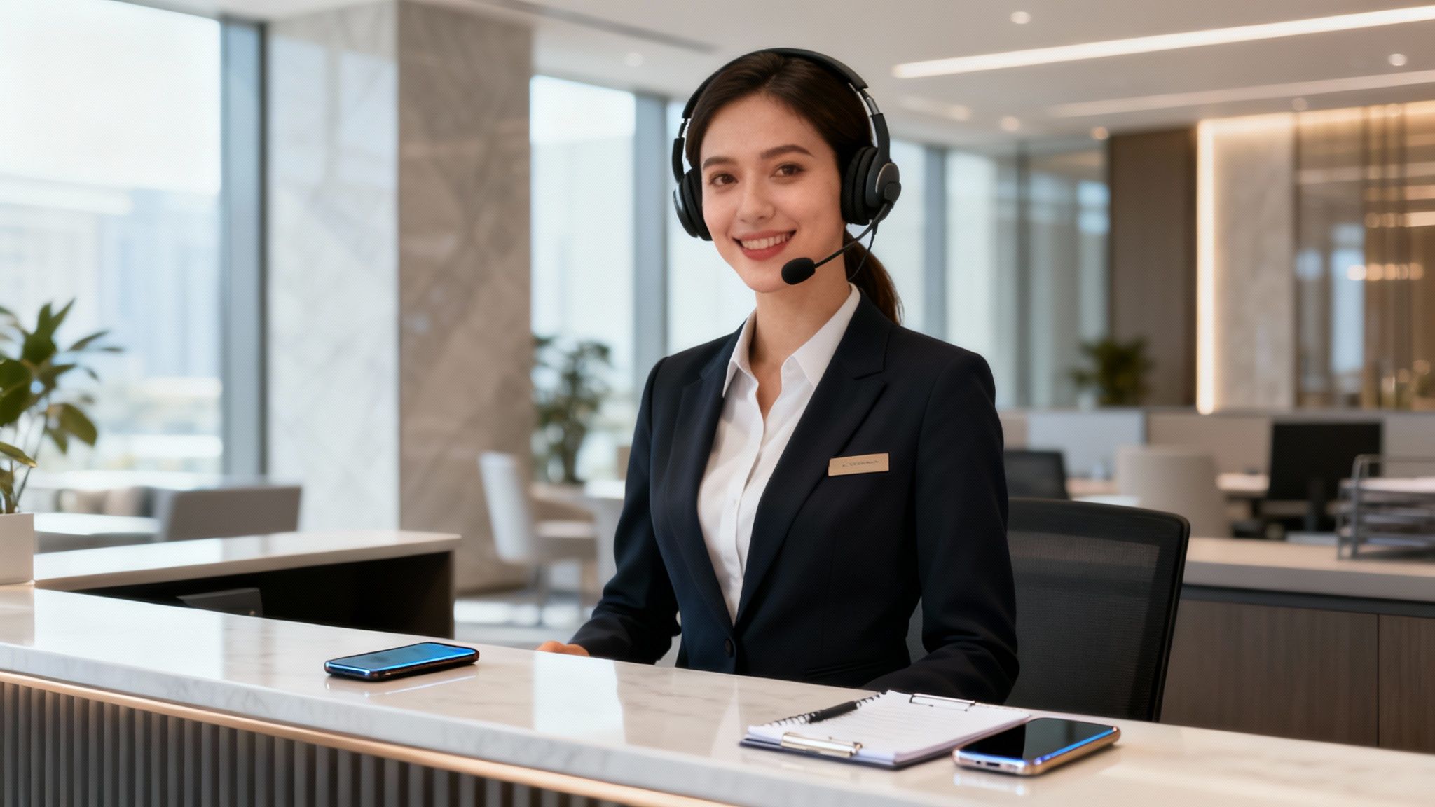 A professional receptionist smiling while answering a call at a modern front desk.
