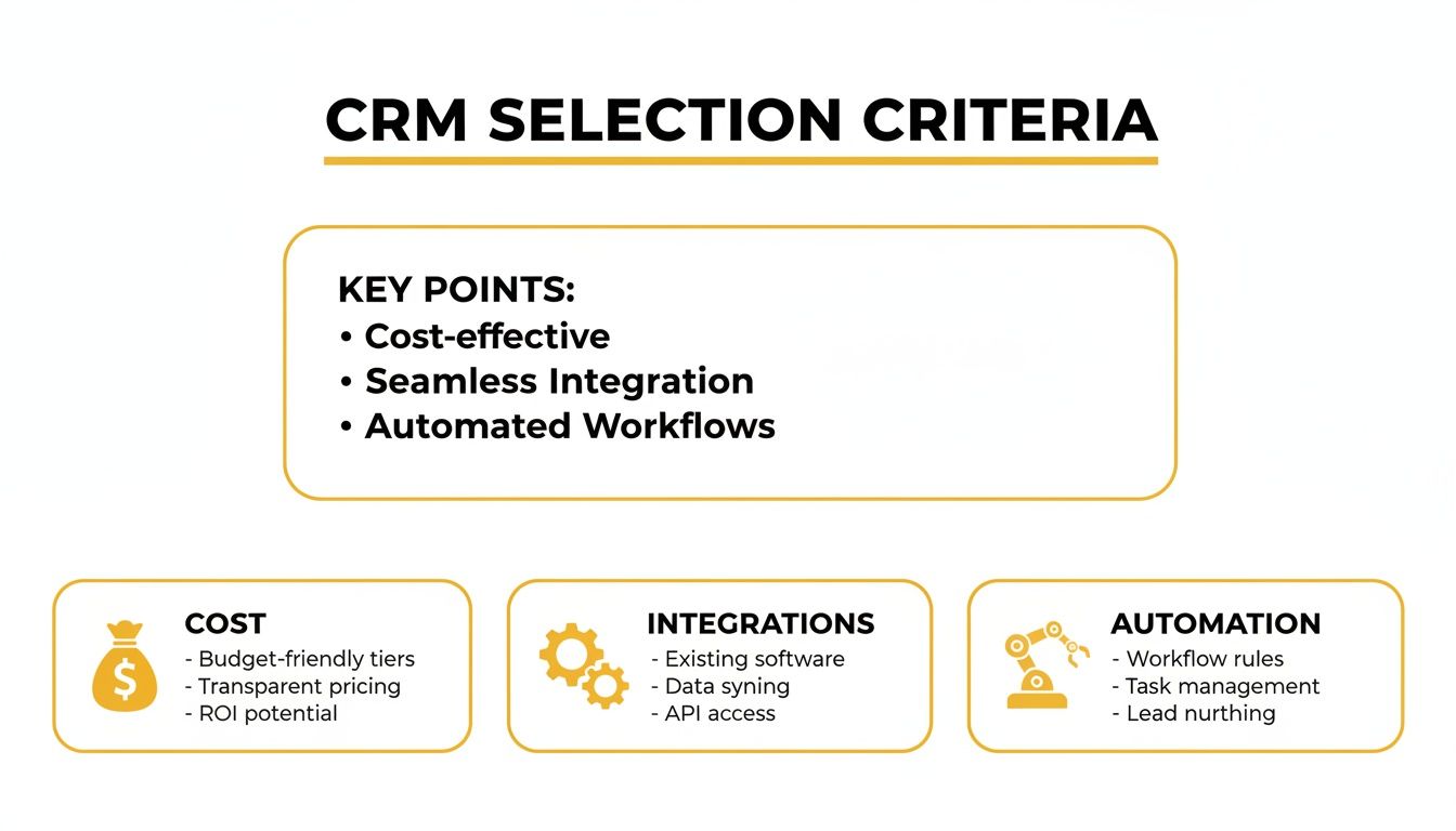 Infographic detailing CRM selection criteria, focusing on cost, integrations, and automation features for businesses.