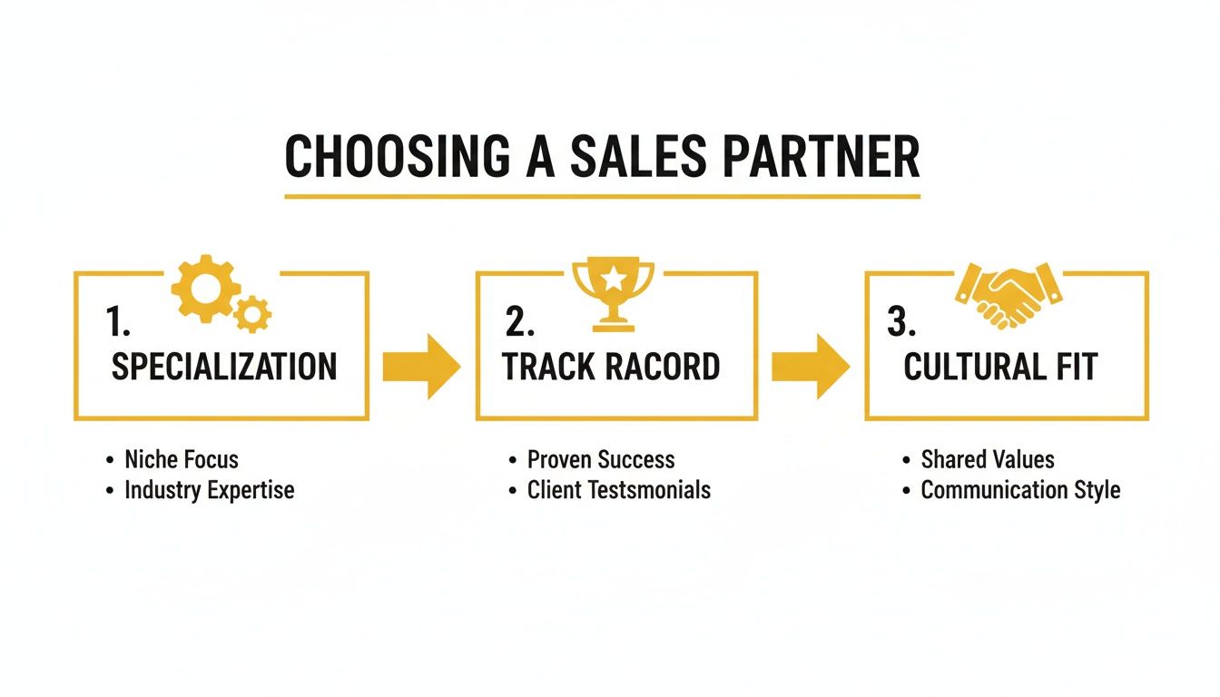 Flowchart illustrating three key criteria for choosing a sales partner: specialization, track record, and cultural fit.