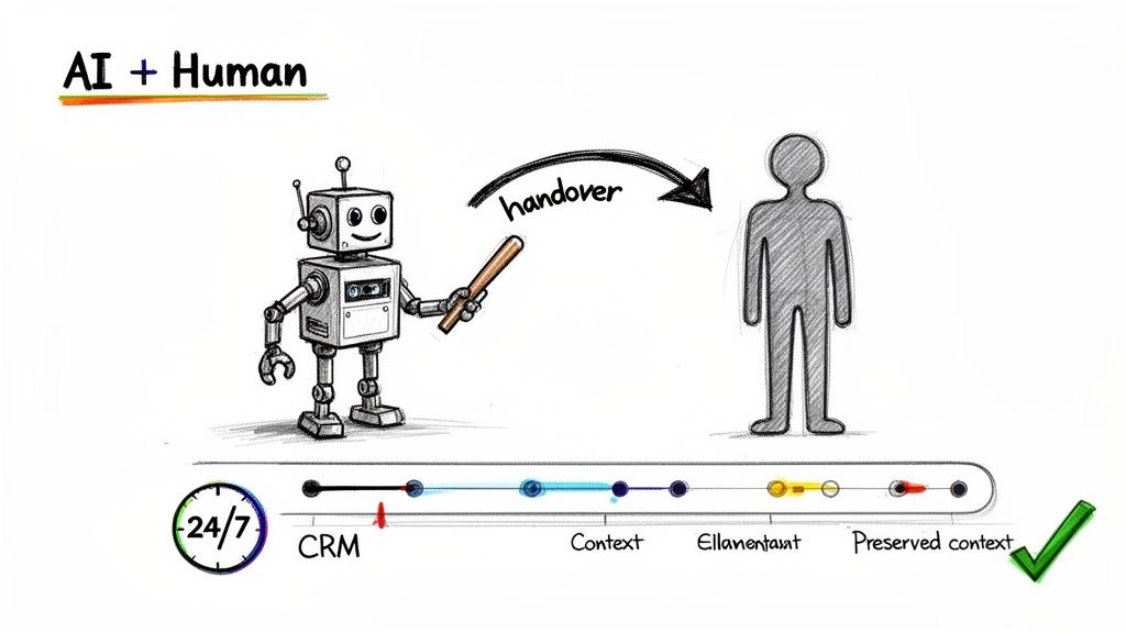 An AI robot hands over a task, represented by a baton, to a human, symbolizing AI and human collaboration with preserved context.