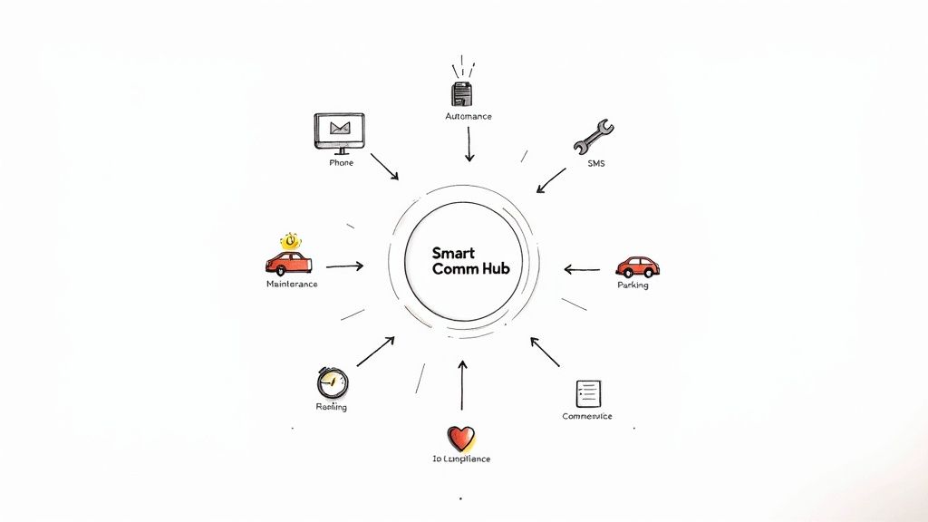 Diagram showing a Smart Comm Hub at the center connected to various services like Maintenance, Parking, and SMS.
