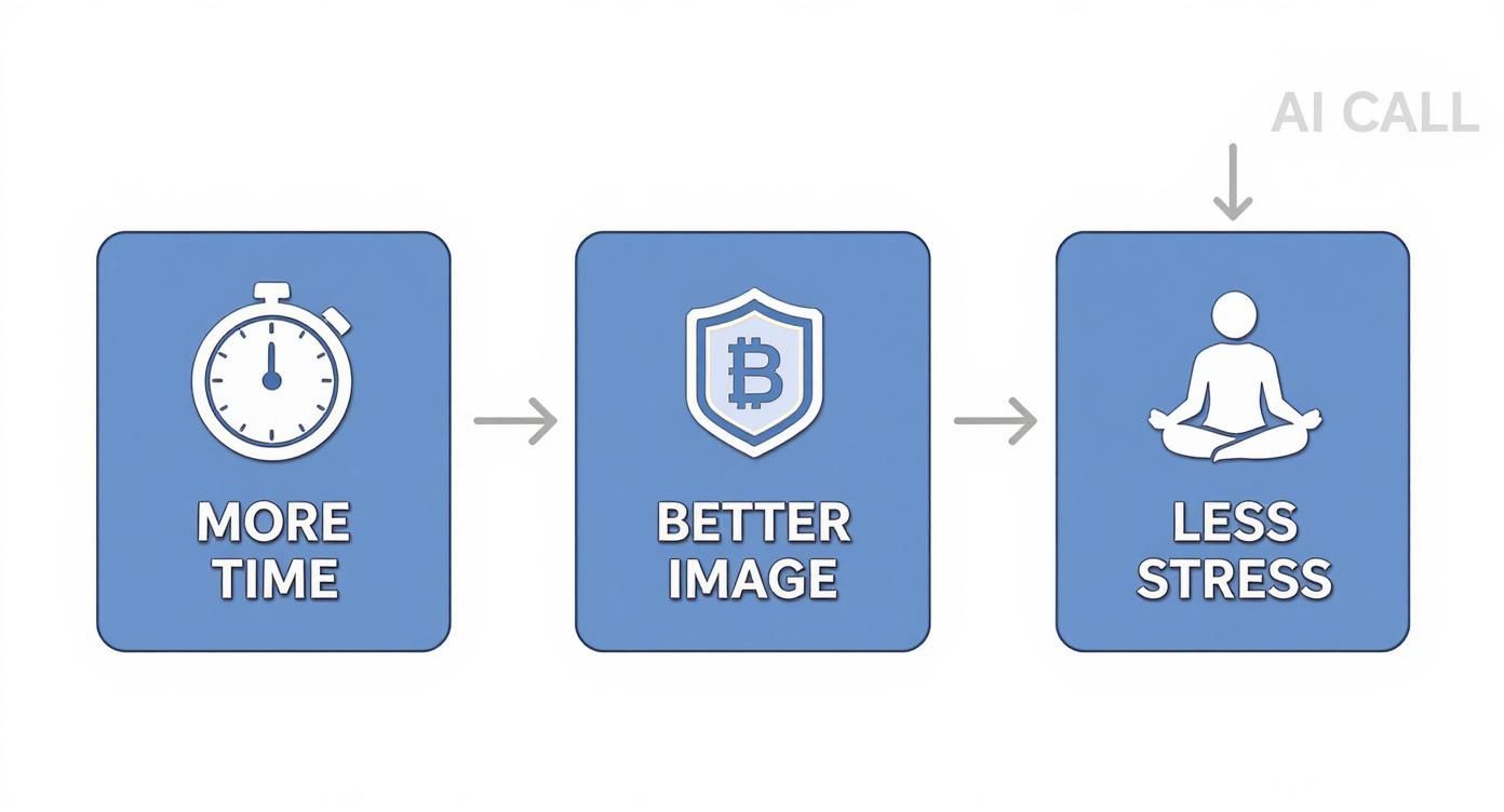 Infographic showing the process flow of AI call benefits: more time, better professional image, and less stress.