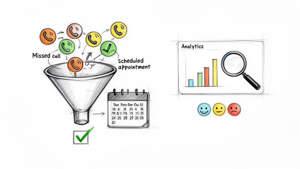 Visualizing a customer service funnel, converting missed calls into scheduled appointments, with analytics and satisfaction.