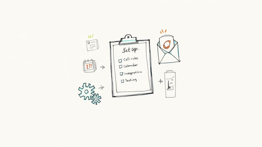 Hand-drawn illustration of a 'Set up' checklist for call rules, calendar, integration, and testing.