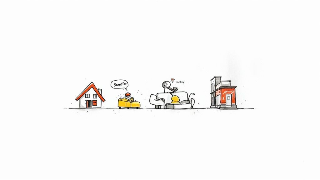 Illustration showing business journey from home office to car to couch to storefront building