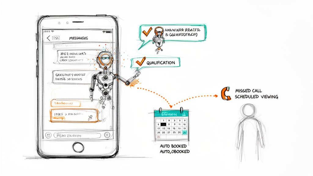 A robot in a smartphone messages app automates qualification and schedules viewing appointments, showing auto-booked calendar.