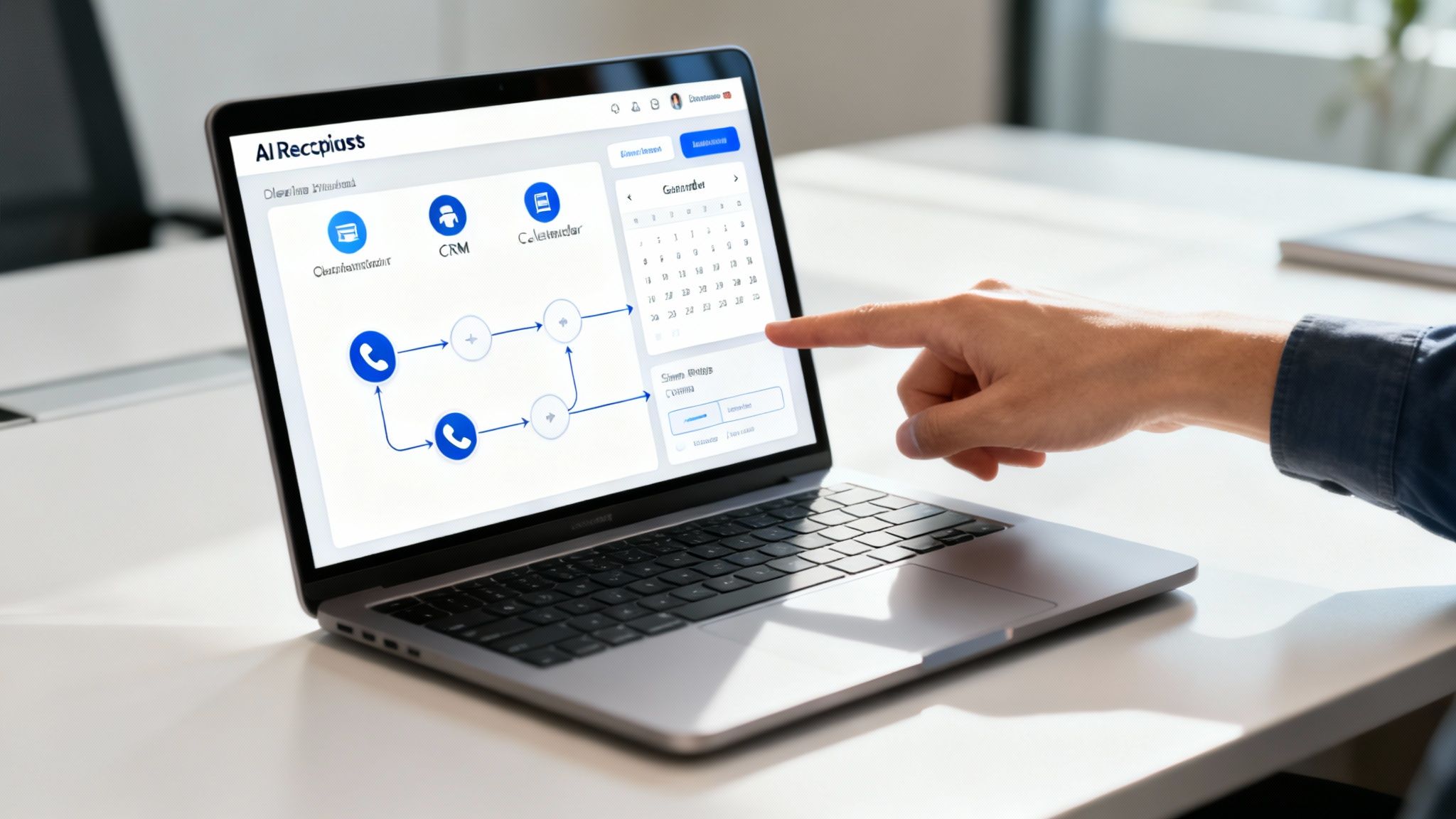 A close-up of a digital interface showing AI receptionist features like call routing and analytics.