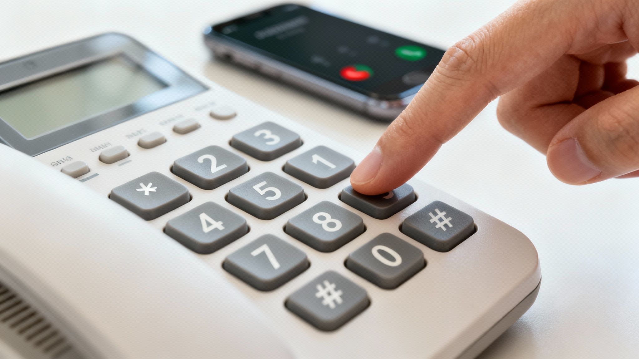 A person dialling a number on an old landline phone to set up call forwarding.