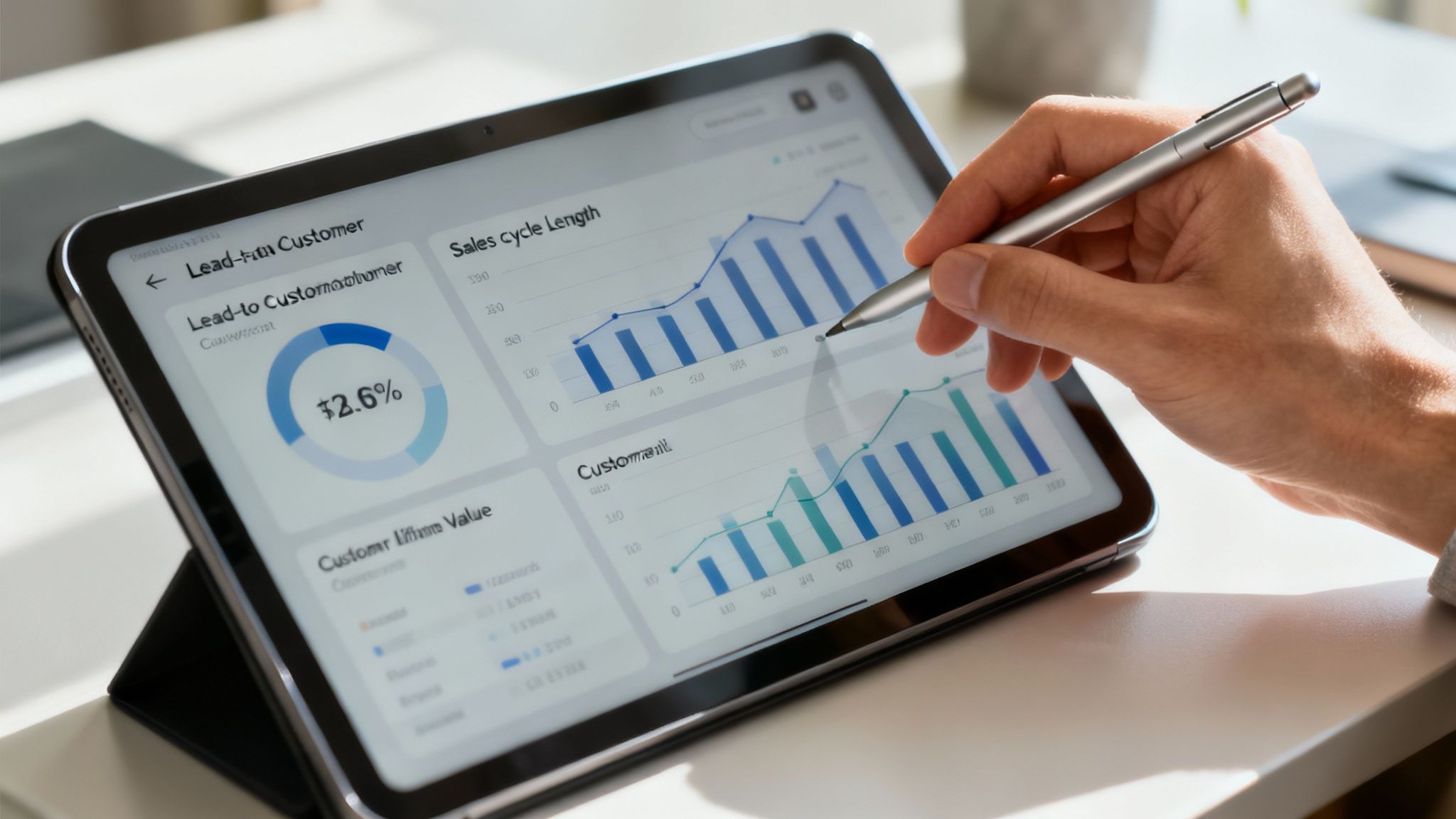 A detailed dashboard on a tablet screen showing ROI calculations, conversion rates, and sales cycle length with colourful graphs and charts.