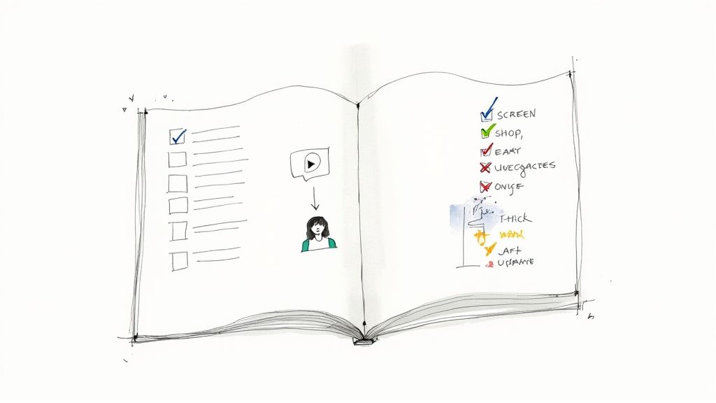 An open notebook displays hand-drawn sketches including checklists and a flowchart.