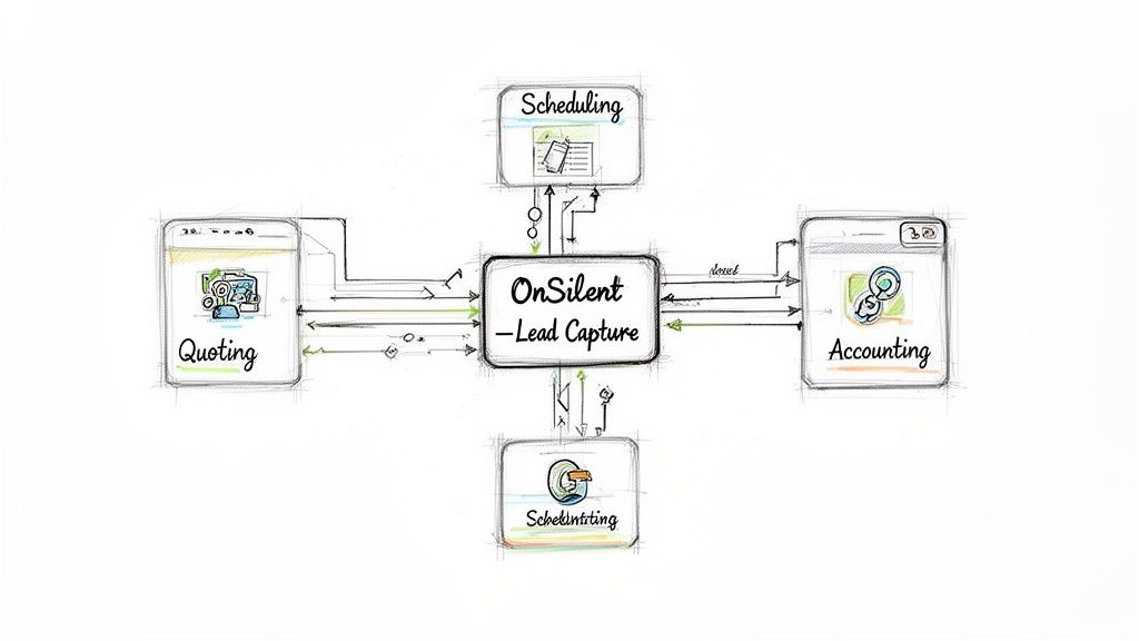 Diagram illustrating OnSilent lead capture software integrating quoting, scheduling, and accounting processes.