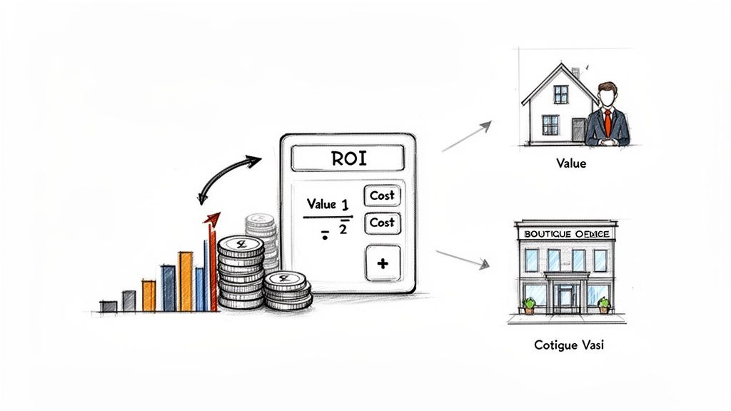 Illustration showing a calculator for Return on Investment (ROI) applied to real estate assets like homes and offices.