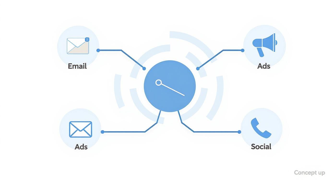 Diagram showing a central clock connecting various integrated communication channels including email, ads, and social media.