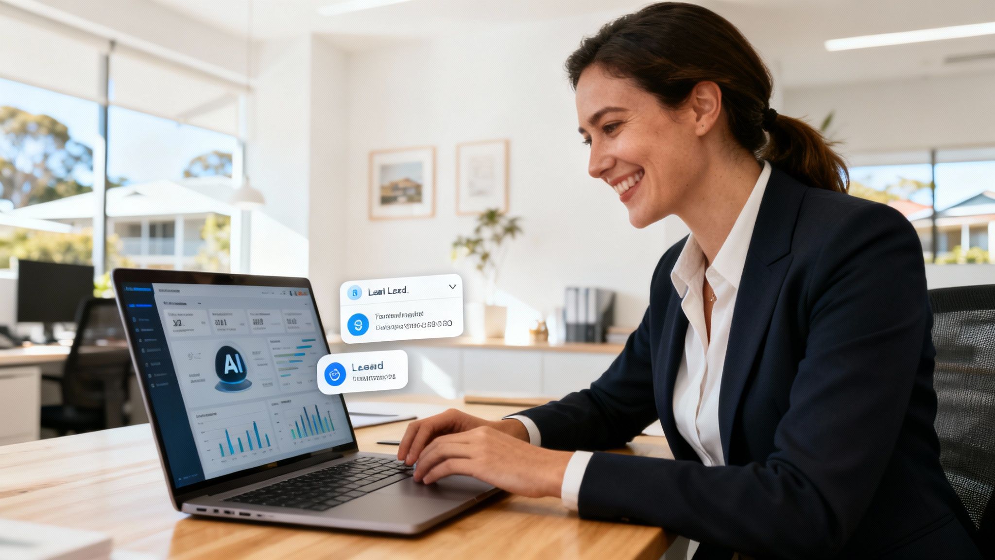 A modern real estate agent uses a tablet to show property listings to a smiling couple in a bright, contemporary home.