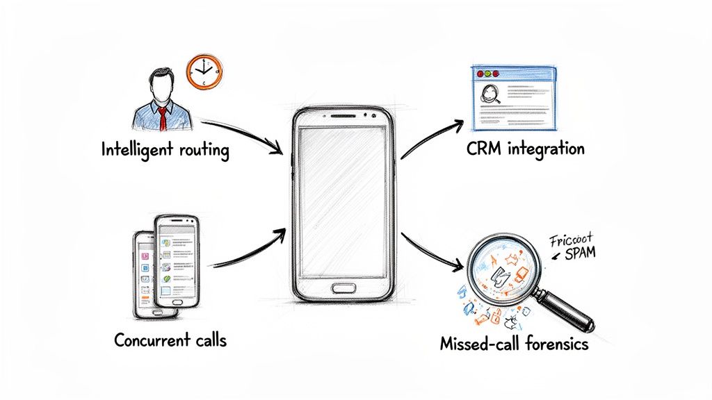 A sketch illustrates a smartphone's advanced call features including intelligent routing, concurrent calls, CRM integration, and missed-call forensics.