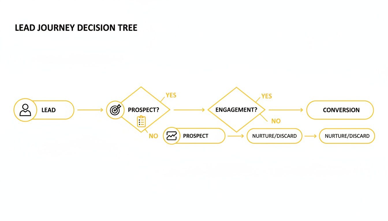 Flowchart illustrating a lead journey decision tree with stages like prospect, engagement, and conversion.