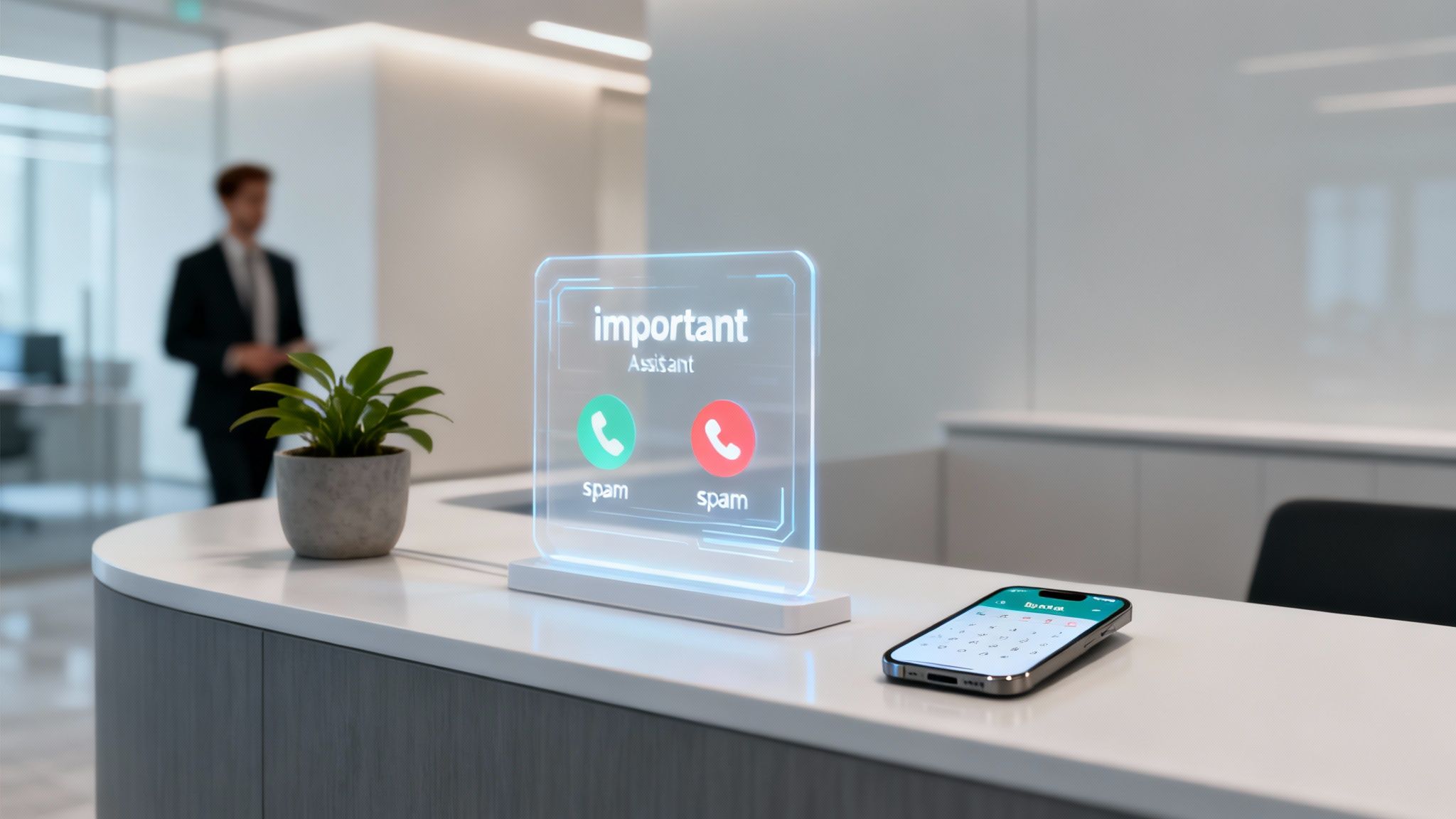 A professional checking their phone for notifications from their AI voice call assistant, looking relieved.