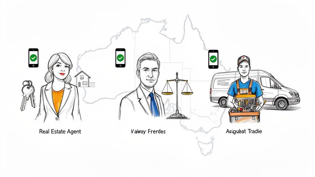 Three professionals: a real estate agent, a lawyer, and a tradesperson, all with verified smartphones.