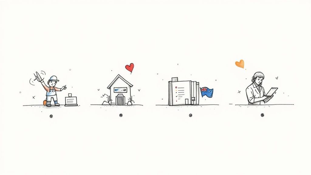 Illustration of a tradesperson, a home, Australian government paperwork, and a virtual assistant working on a tablet.