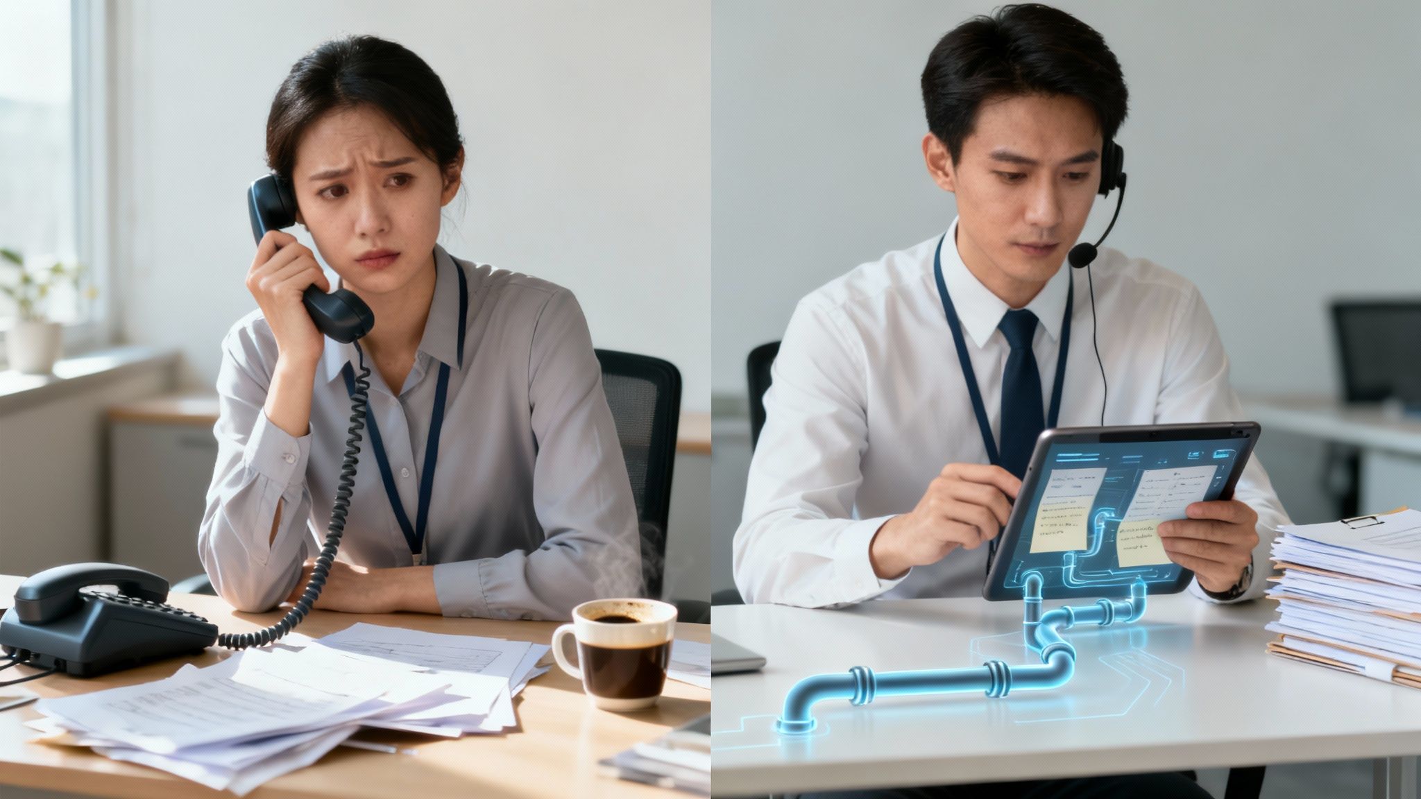 Two real estate agents shaking hands in a modern office, representing a successful partnership.