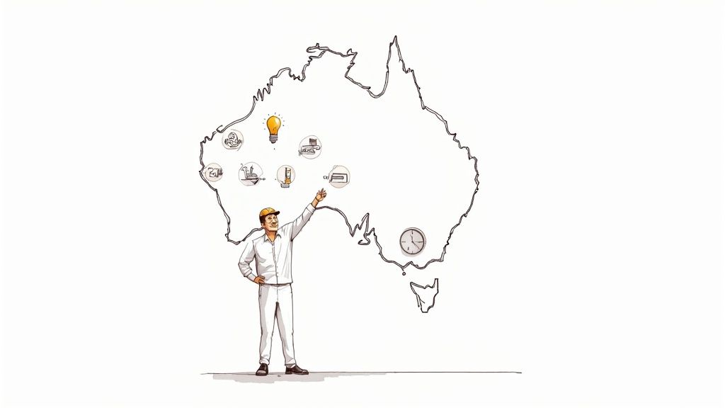 A man in a hard hat points to industry and idea icons within an outline of Australia.