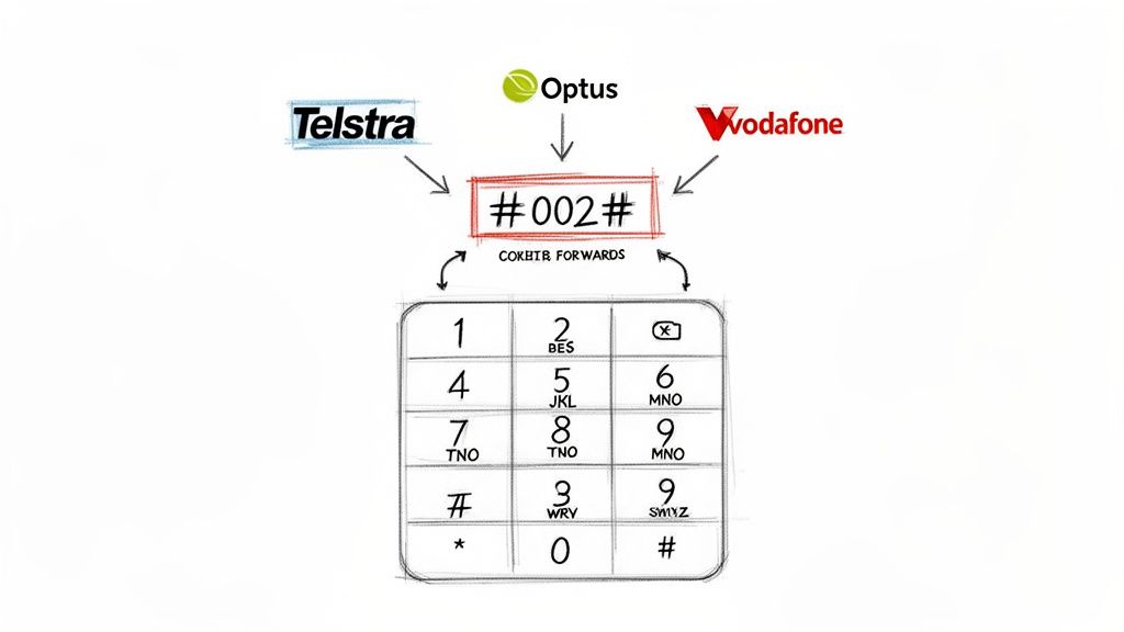 Diagram showing how to cancel call forwarding for Telstra, Optus, and Vodafone using the #002# code and a phone keypad.