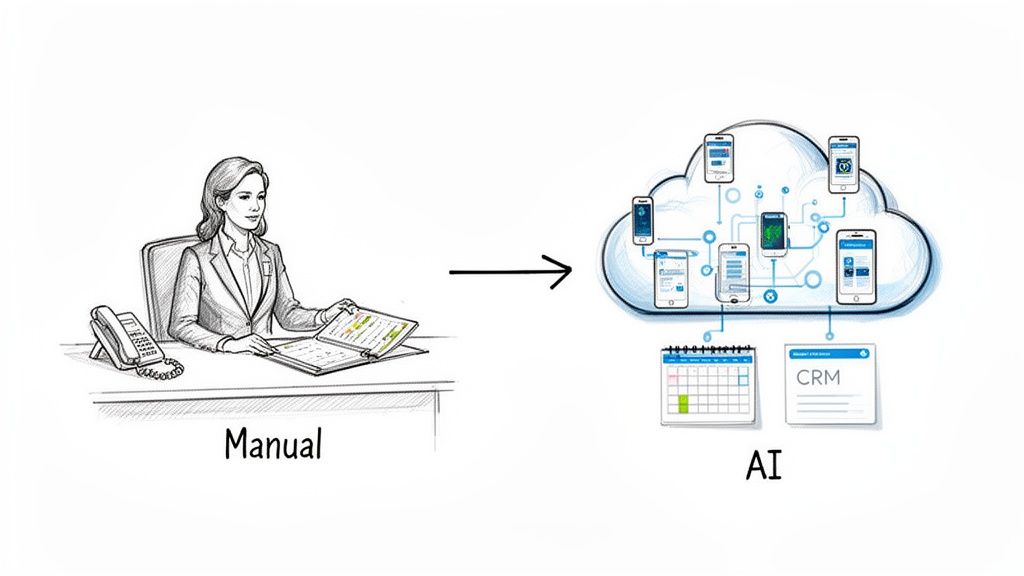 Sketch illustrating the transformation from manual office work to automated AI processes with cloud technology and digital tools.