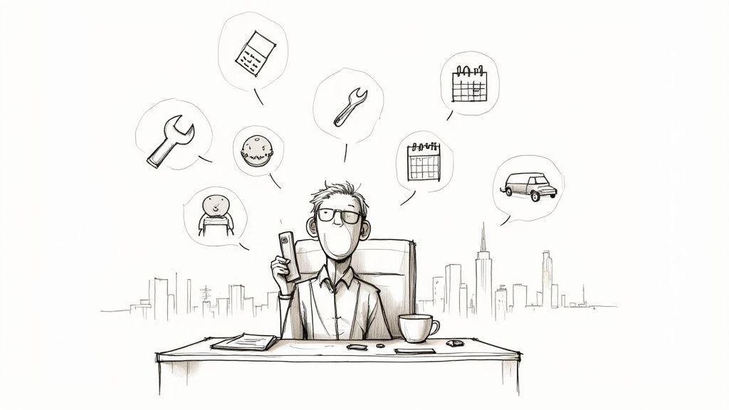 Illustration of a man at a desk with a phone, surrounded by thought bubbles of daily tasks.
