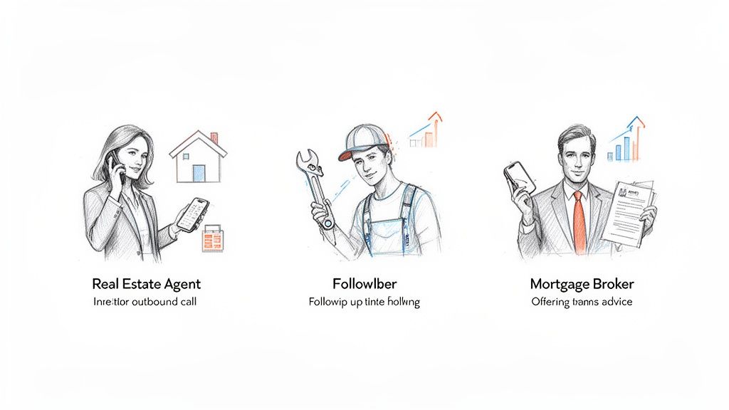 Three sketch illustrations depicting a real estate agent, a service worker, and a mortgage broker.