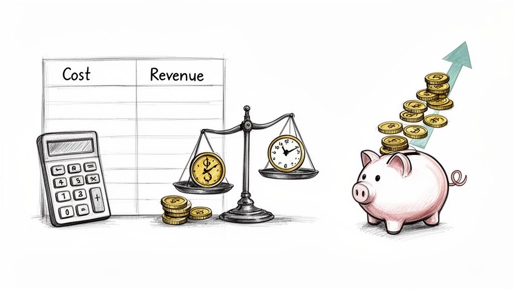 Business illustration with calculator, balance scale comparing time and money, and a piggy bank with growing coins.