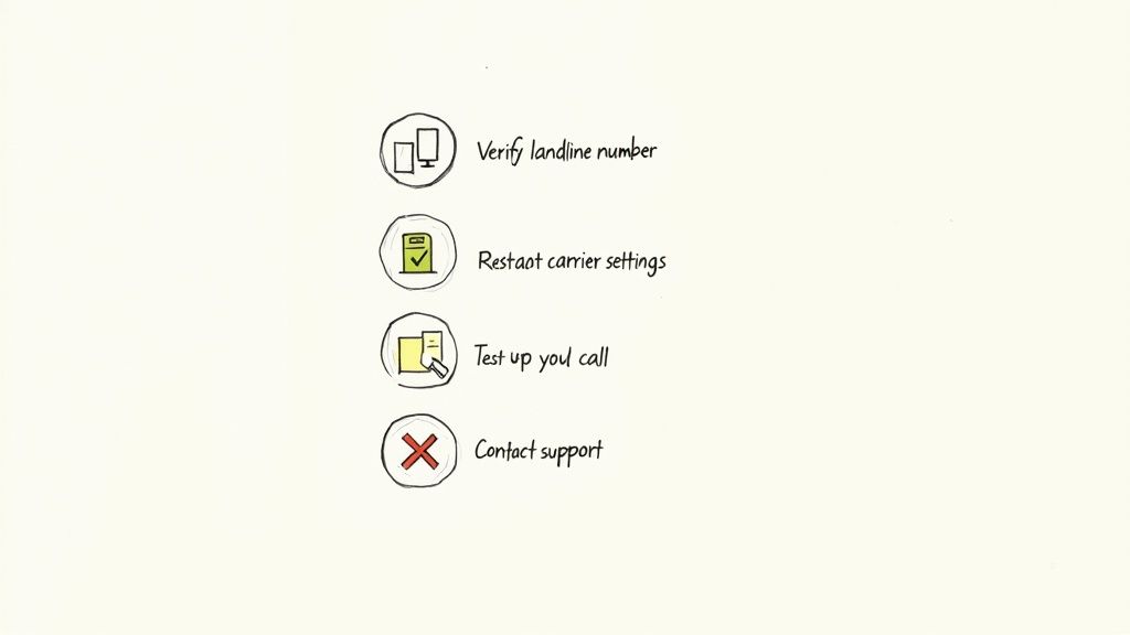 A hand-drawn checklist with four steps to resolve an issue: verify landline, restart carrier settings, test call, and contact support.