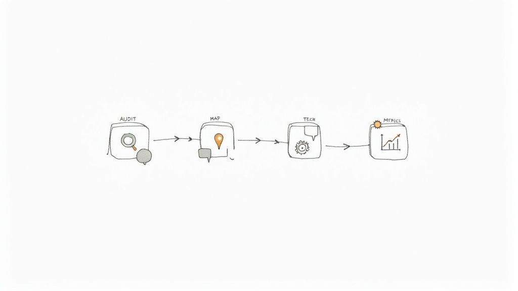 A hand-drawn flowchart illustrating a business process with steps: Audit, Map, Tech, and Metrics.