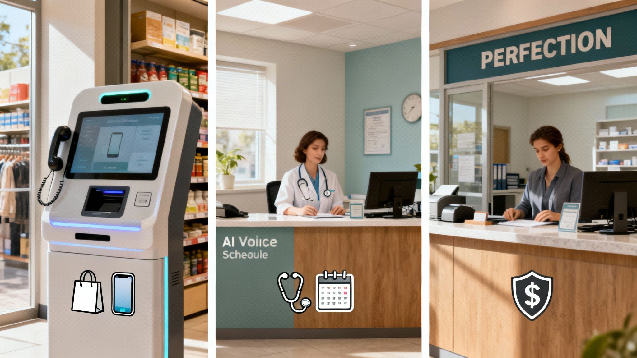 A split-screen image showing AI voice agents being used in retail, healthcare, and finance settings.