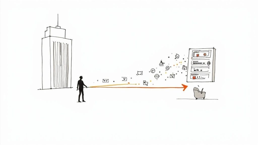 Illustration of a person transferring digital data from a building to a server rack, depicting cloud services.