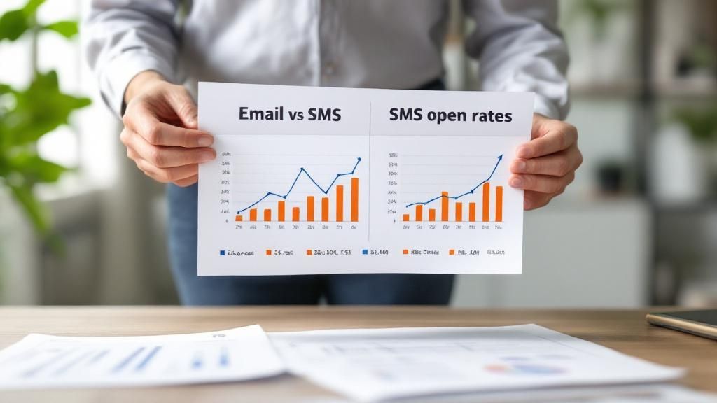 A flowchart showing email being converted into multiple text messages for different recipients