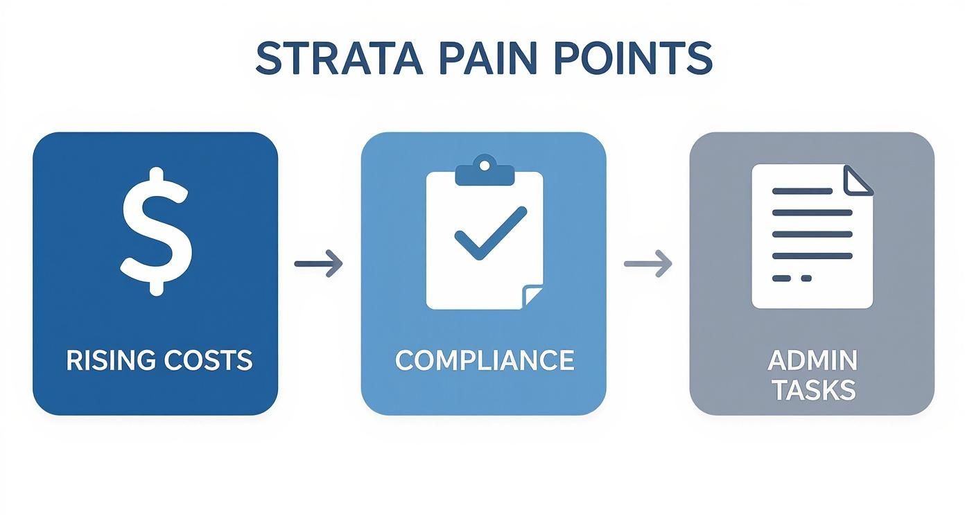 A diagram illustrates strata pain points, including rising costs, compliance, and admin tasks.