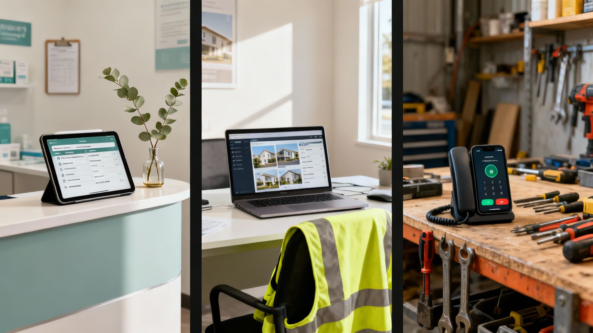 A professional tradesperson on a phone call in front of their work vehicle.