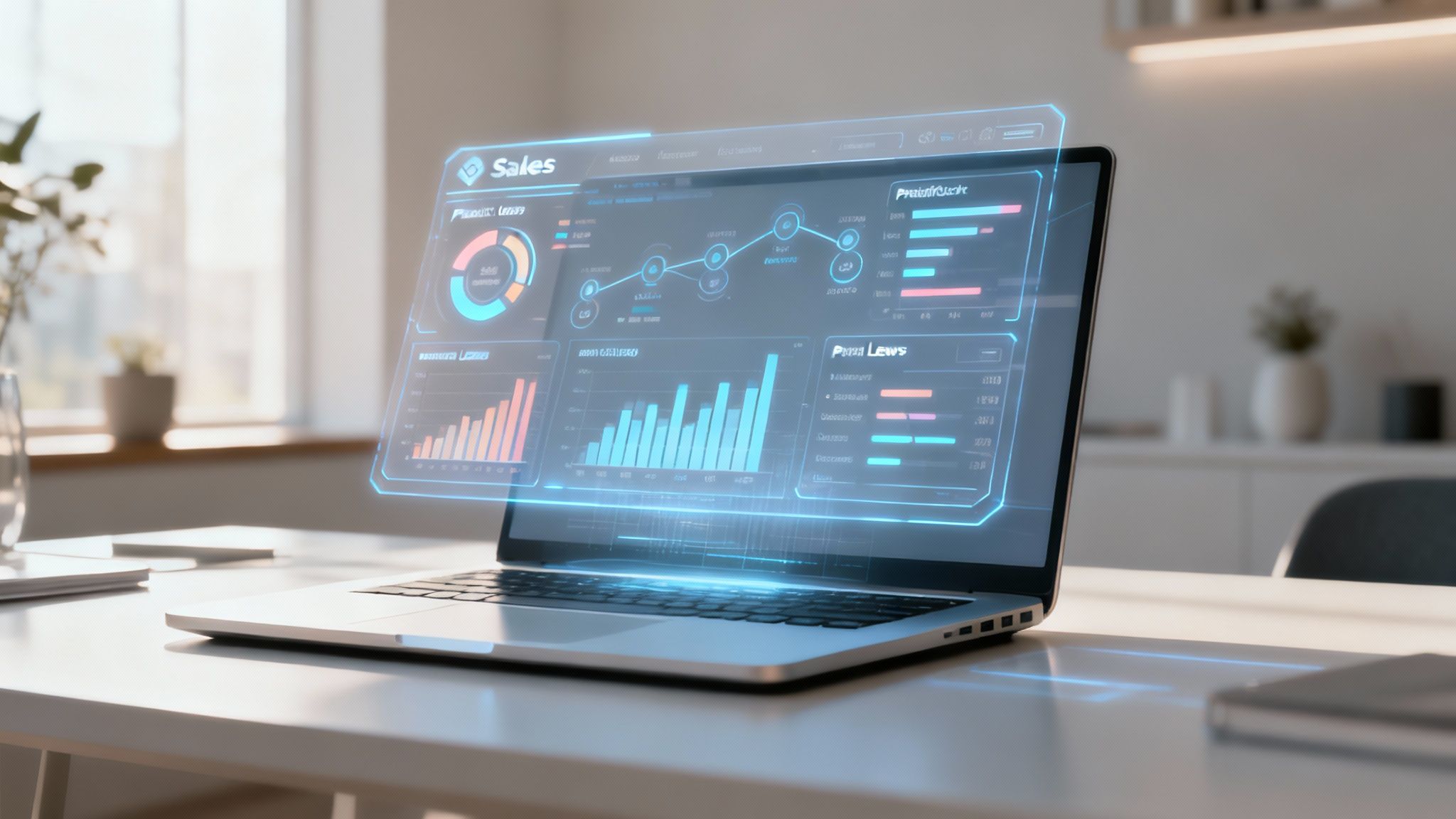 A modern office with people working on laptops, showing charts and graphs related to AI and sales data.