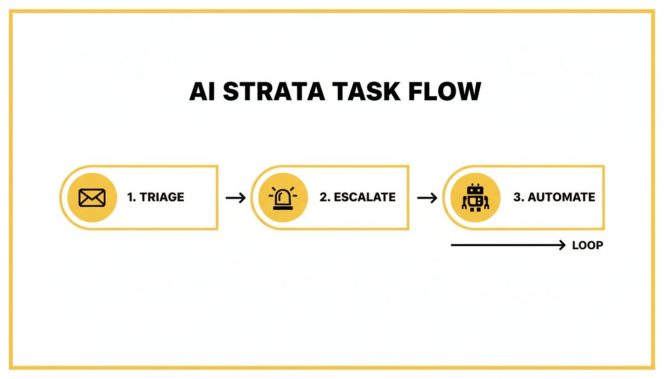Flowchart illustrating the AI strata task flow, including triage, escalate, and automate steps with a loop.