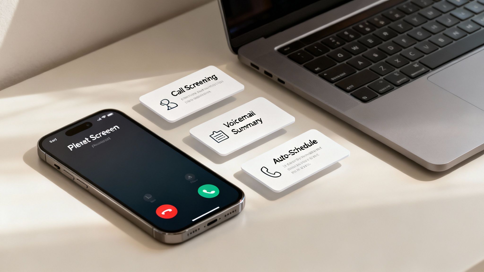 A smartphone displaying a personal assistant AI app interface with call logs and transcriptions.