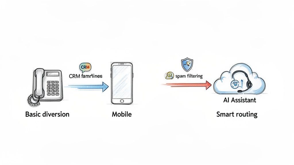Diagram showing call diversion from a landline to mobile, then to an AI assistant with spam filtering and smart routing.
