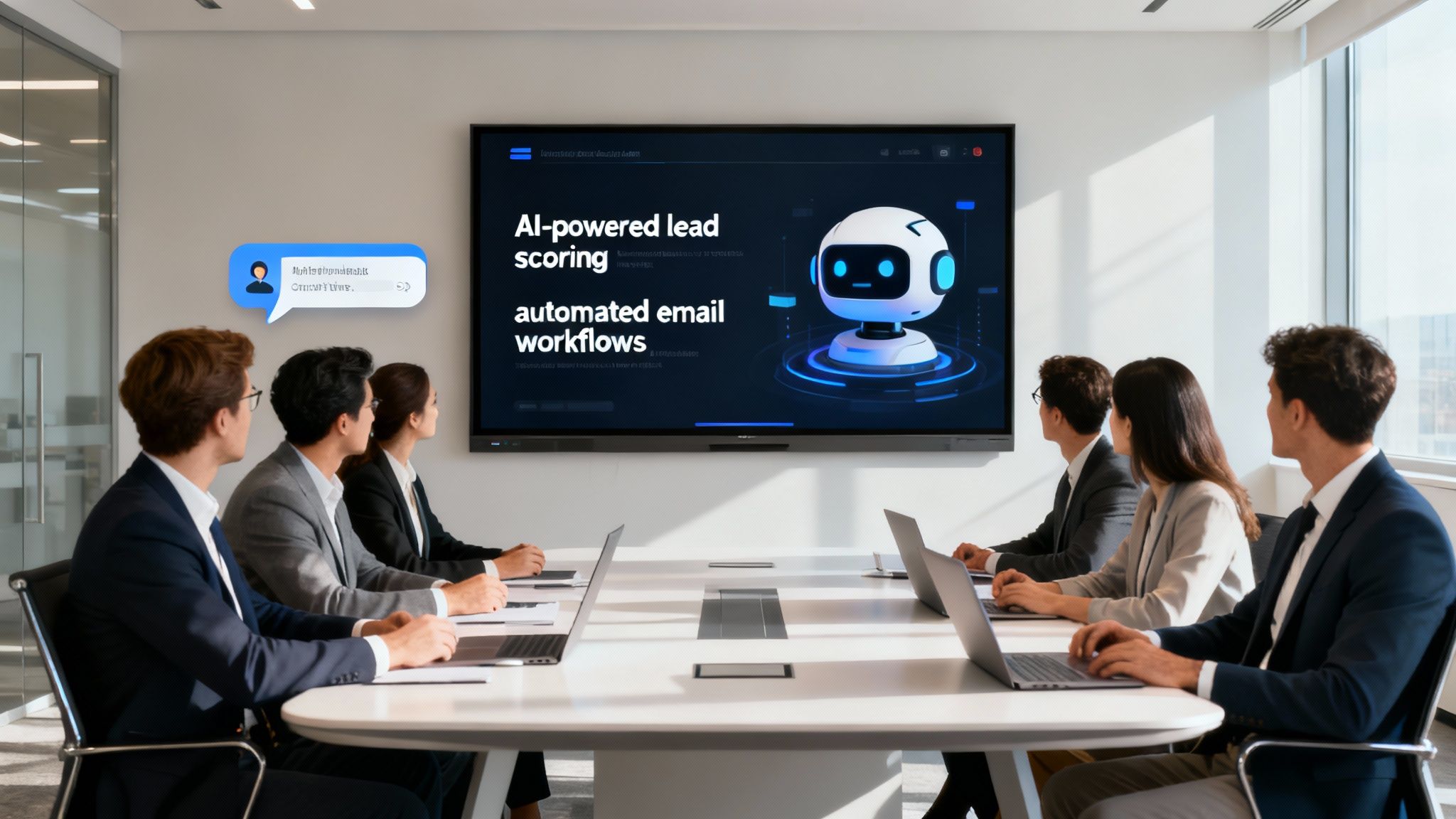 A sales team collaborates around a screen showing an AI-powered sales dashboard with graphs and lead scores.