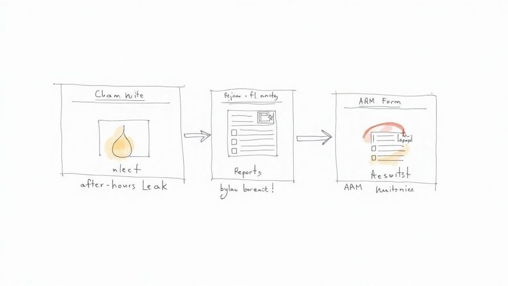 A hand-drawn flowchart illustrating a process, from after-hours leak claims to bylaw breach reports and ARM forms.