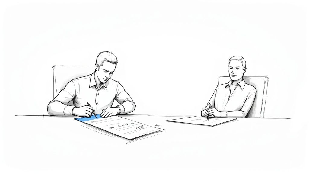 Two men in a sketch style signing and reviewing documents at a table, likely a business agreement.