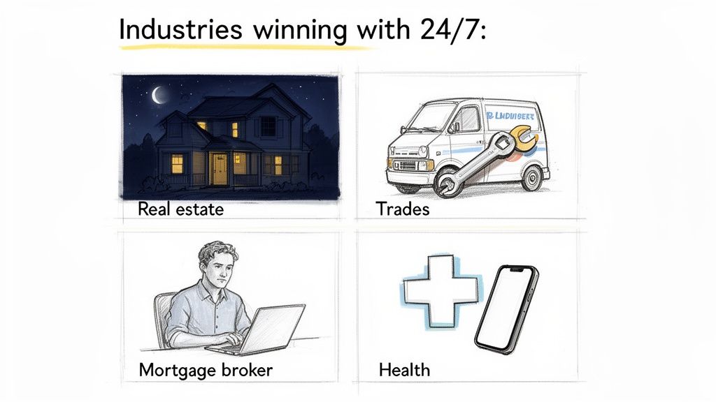 Four panels show real estate, trades, mortgage brokers, and health industries winning with 24/7 service.