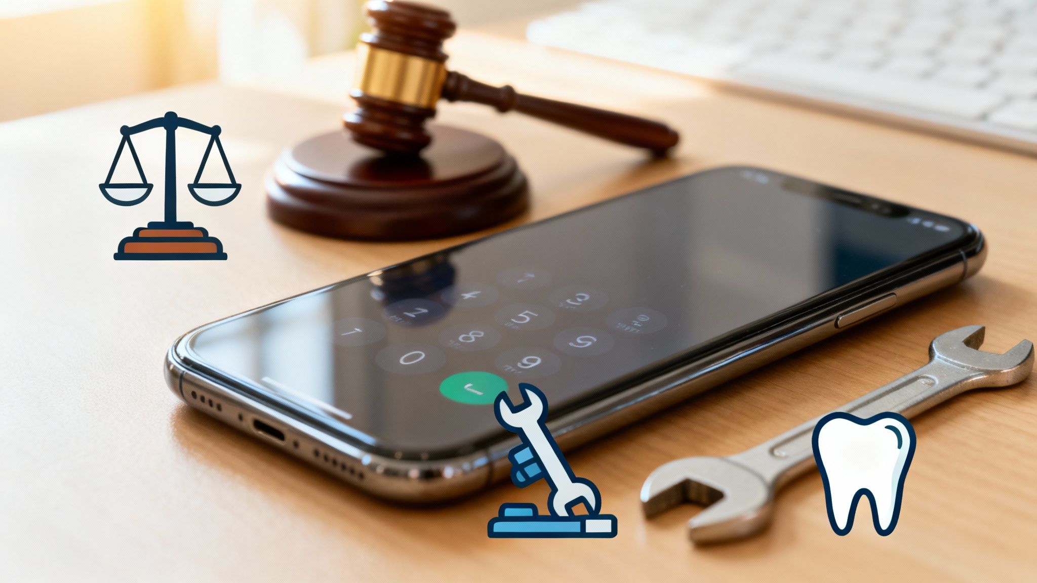 Diverse professionals in different industries, including a lawyer and a tradesperson, looking at their phones confidently.