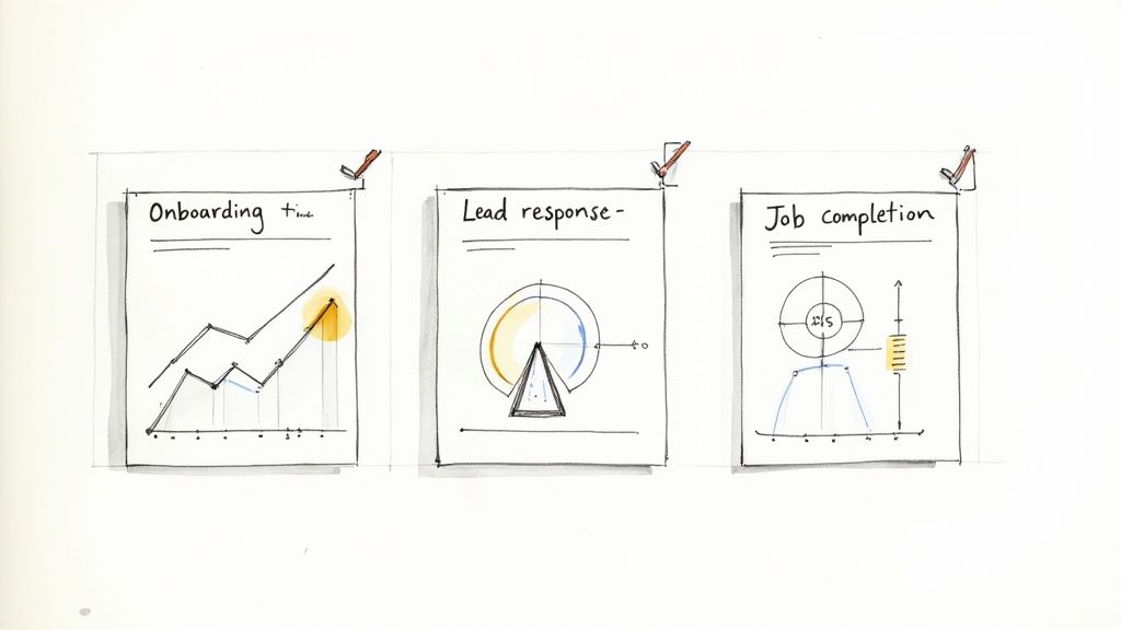 Three hand-drawn diagrams illustrate business metrics for onboarding time, lead response, and job completion.