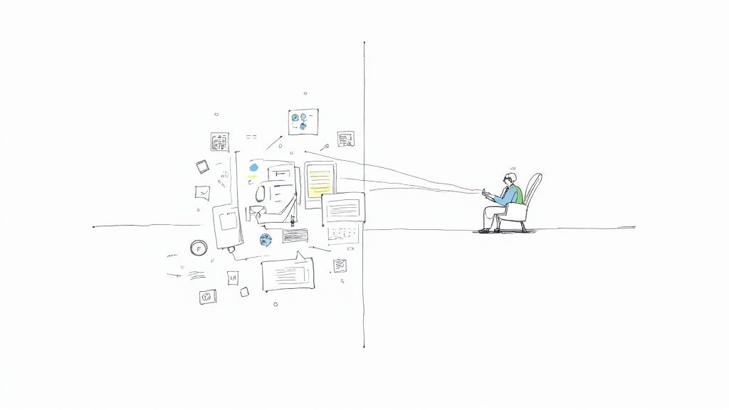 A person in a chair interacts virtually with a complex array of digital information, representing data management.